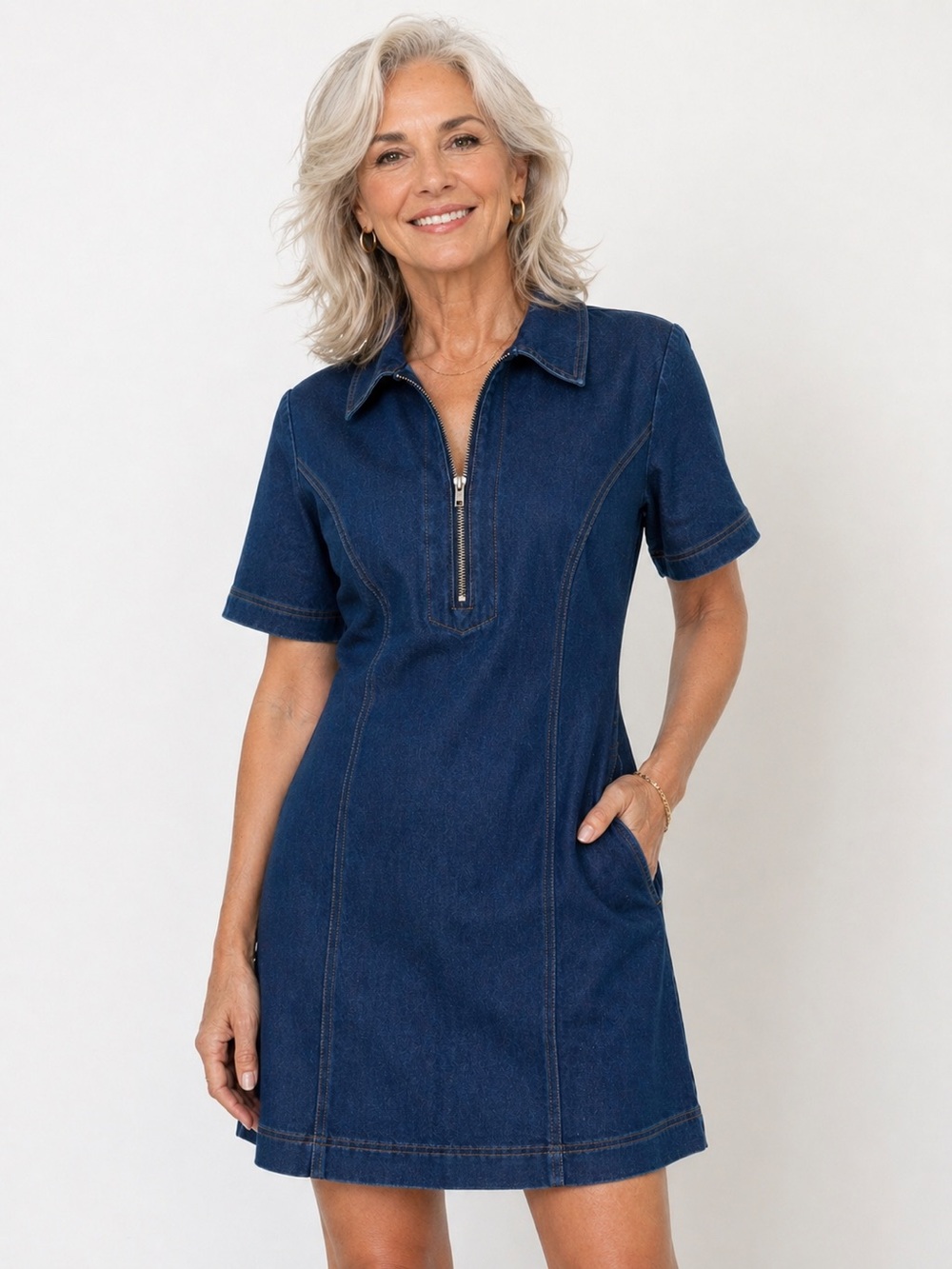 NY & Company Denim Look Half Zip Collared Dress Size Small Stretch Dark Wash NWT
